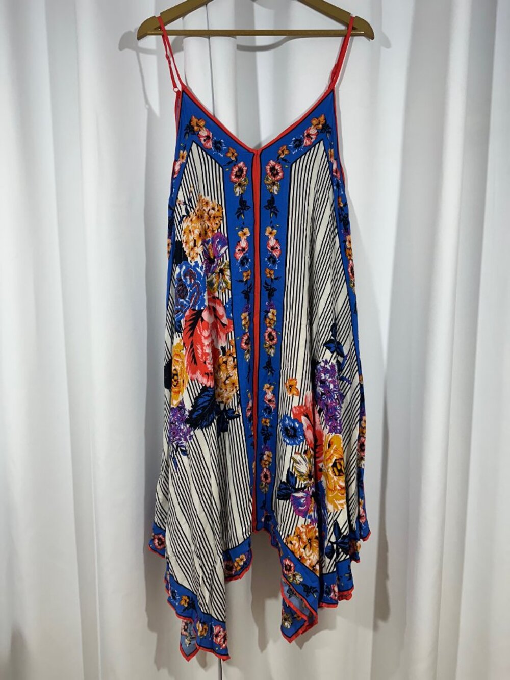 Flying Tomato Medium Blue Floral Stripe Handkerchief Hem Dress Boho Summer